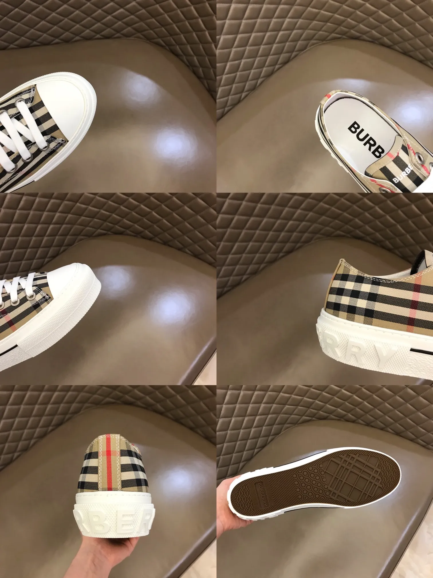 p400 "Burberr*" men's classic low-top sneakers, reinterpreted in Vintage check cotton material and decorated with a new brand logo. First-layer sheepskin lining, embossed Burberry logo on the heel, and original TPU outsole! Size: 38-44 No. 068